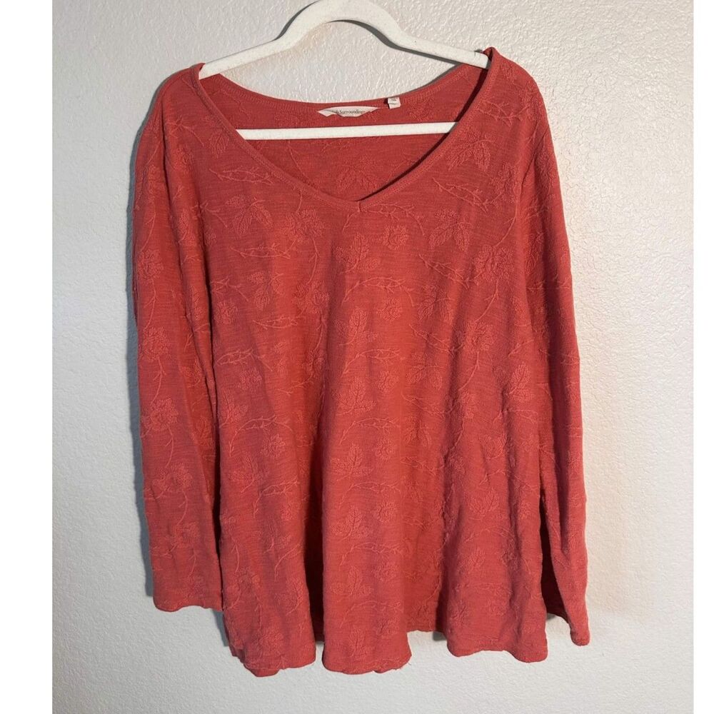 Soft Surroundings XL Coral Pink Floral Embroidered V Neck Tunic Top Long Sleeve